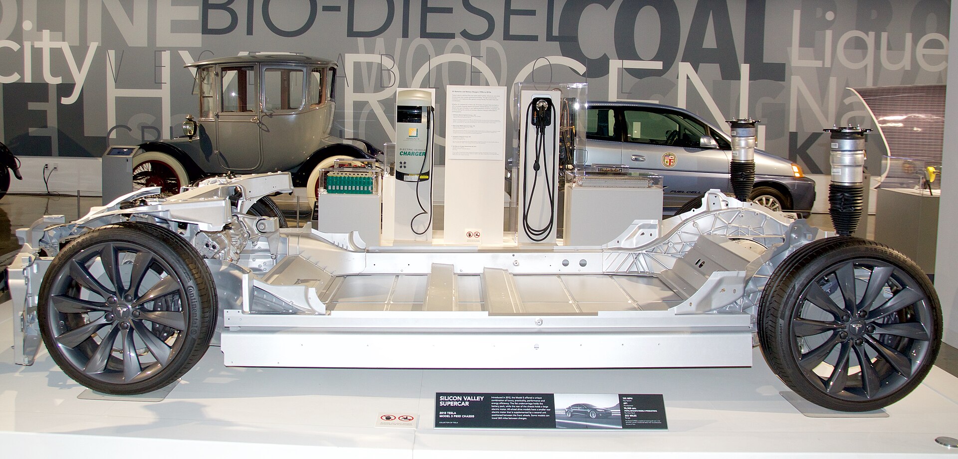 Tesla Model S P85D rolling chassis showing the floor battery pack and drive units