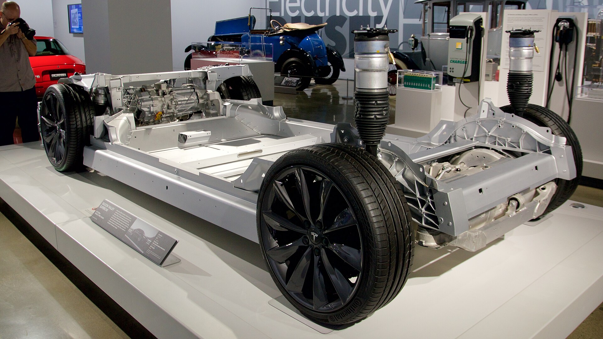 Rear drive unit area of a Tesla Model S chassis